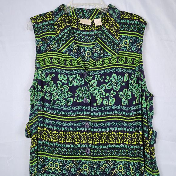 Vtg 90s Y2K Erika Dress Rayon Maxi Button Front Floral Tropical Green Blue Sz L - Picture 3 of 13